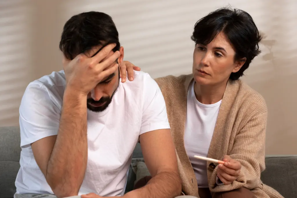Couple sitting on a couch, woman holding a test speaking to a stressed bearded man seeing the results of infertility.